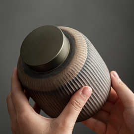 粗陶条纹茶叶罐日式复古锡盖密封罐创意家用防潮红茶普洱茶储茶罐