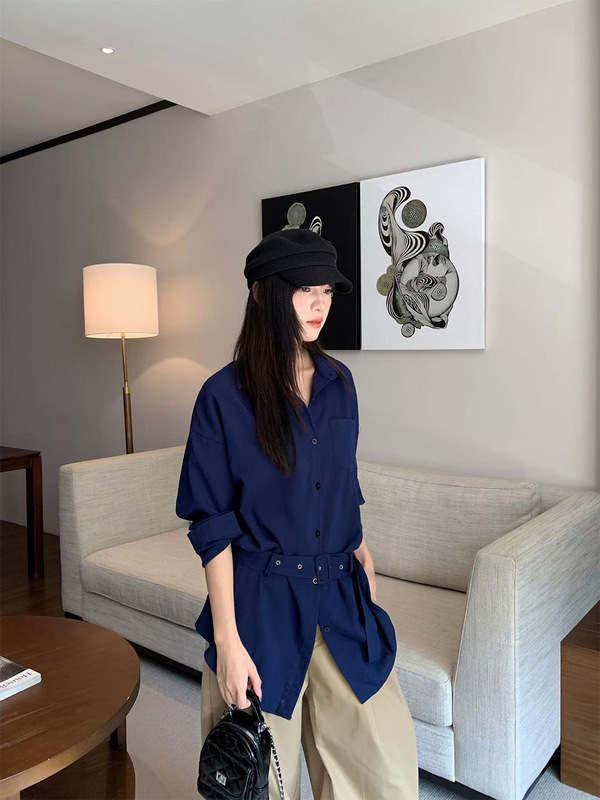 誉一新款2025秋季高级感宽松腰带衬衫女宽松翻领长袖上衣女m3736|undefined
