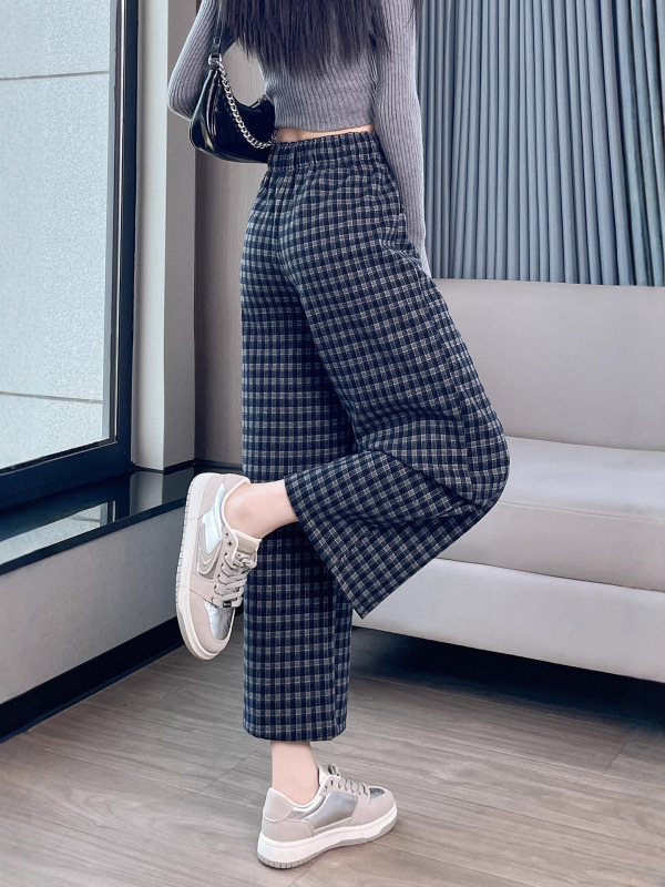 格子高级感毛呢直筒裤女秋冬新款高腰显瘦垂感磨毛休闲阔腿裤7251|undefined