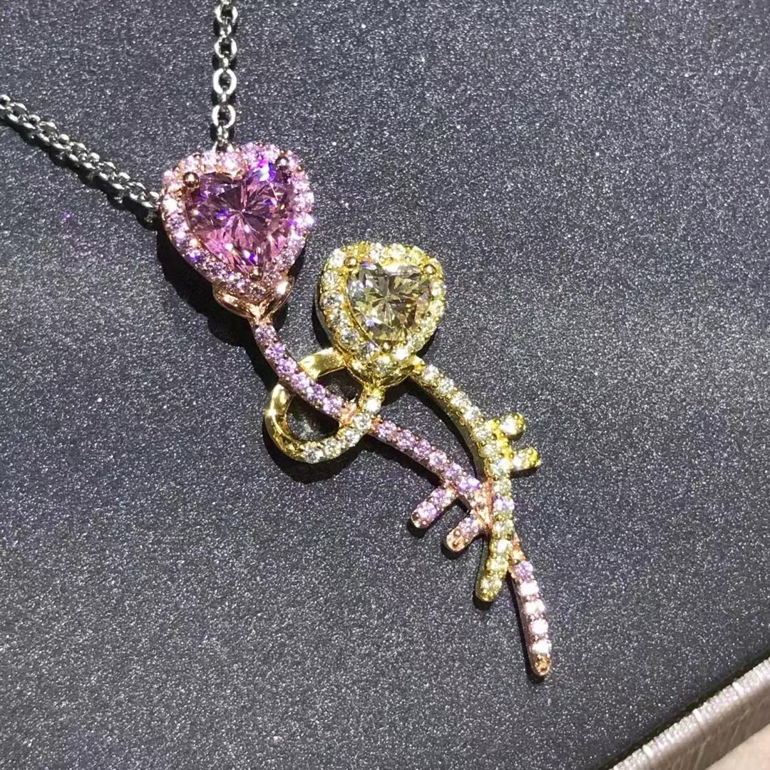 Corazón de color separación de color rosa amarillo de alto carbono colgante de diamante 2 quilates collar de diamante de alto carbono importado