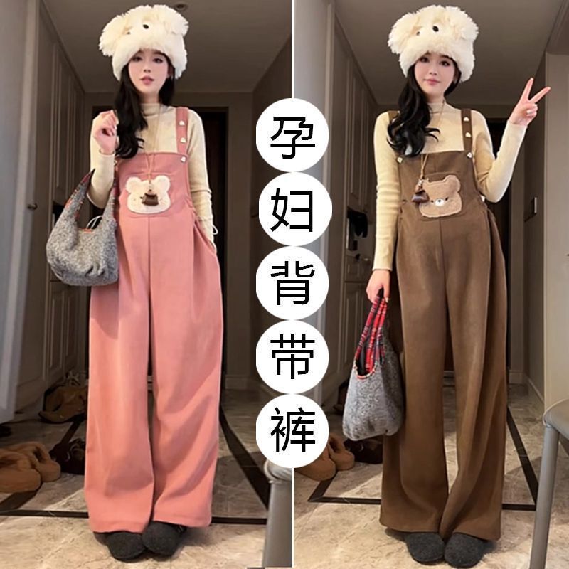 Maternity overalls 2026 autumn and winter new style cute bear fleece-lined thickened loose large size corduroy suspender pants