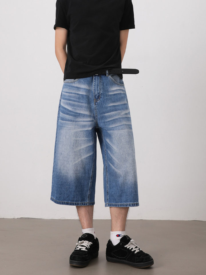 Quần short jeans nam ống rộng dáng lửng phong cách retro giặt mài — Màu xanh dương, Xanh nhạt