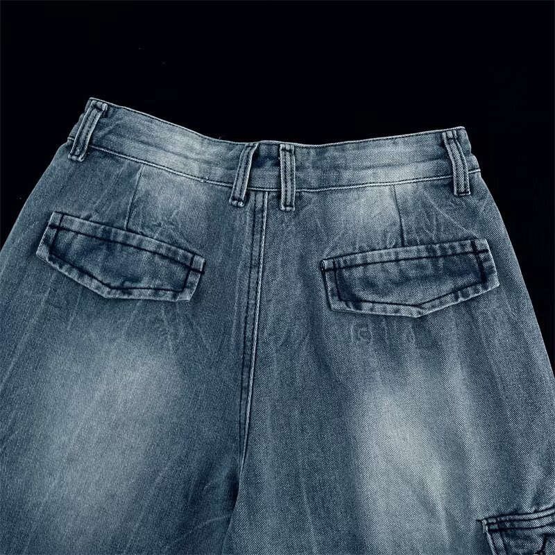 Summer Men's Plus Size Capri Jeans Loose Wide Leg Hip Hop Cargo Shorts Multi Pocket Chubby Pants_mkmklike.com