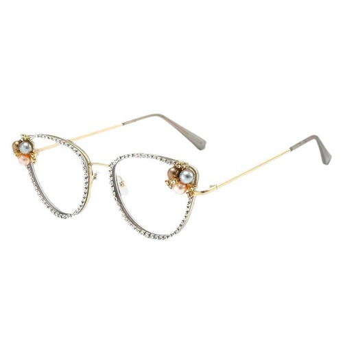 Cross-border new luxury women's glasses frame with diamonds and pearls retro cat eye anti-blue light flat mirror personalized party eyes
