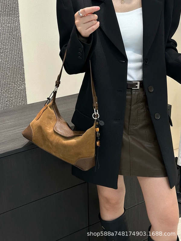 磨砂真皮腋下包饺子包女高级感时尚通勤单肩包麂皮绒斜挎包托特包|undefined