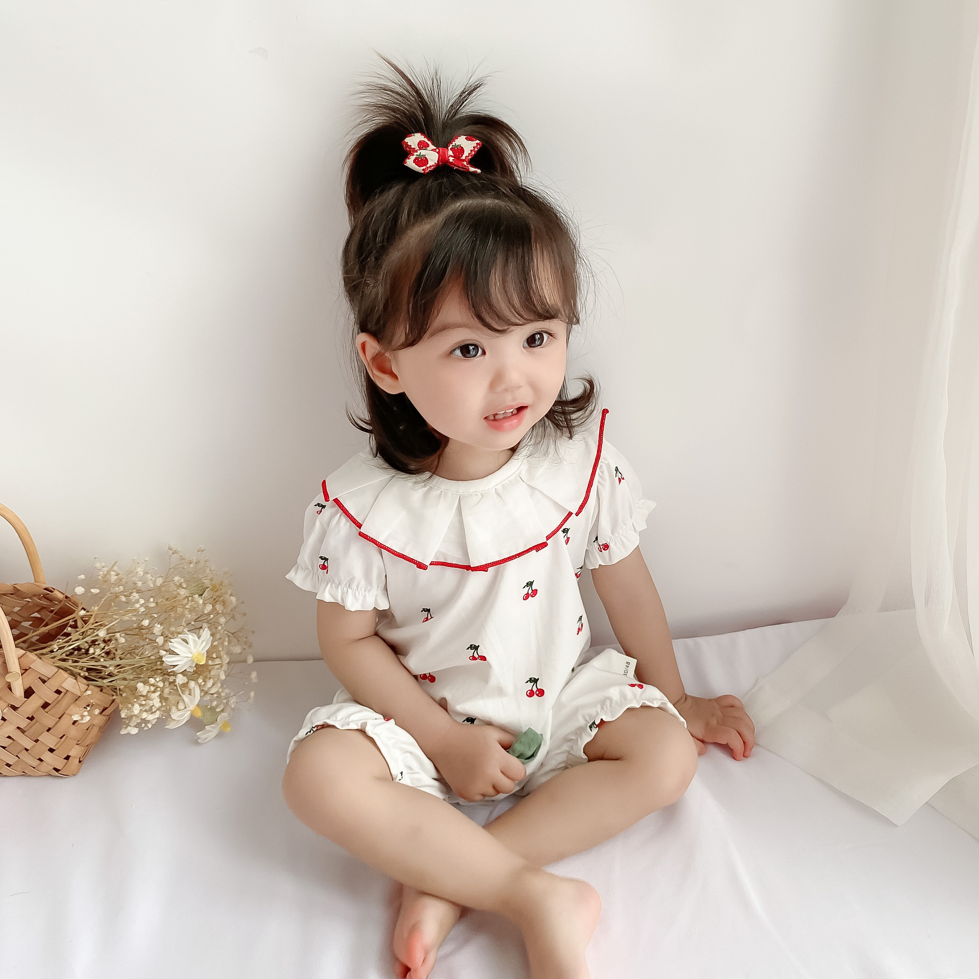 婴儿连体衣夏季薄款短袖女宝宝哈衣爬服纯棉白色可爱公主女婴夏装|ms