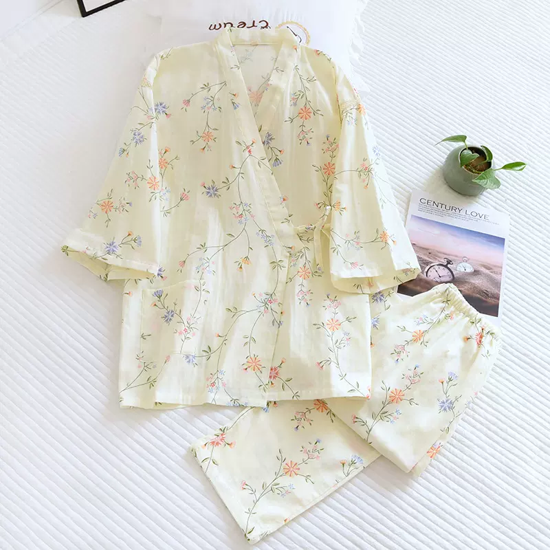 花朵纱布和服套装春夏季薄款清新翻领睡袍两件套长袖休闲家居服