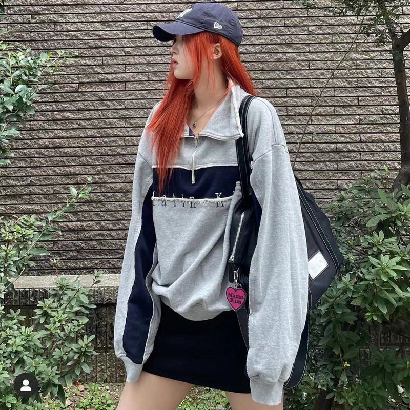 (Qiqi) Korean version of 23 old color matching POLO academic style jacket retro sweater half zipper loose for men and women (Qiqi) Korean version of 23 old color matching POLO academic style jacket retro sweater half zipper loose for men and women