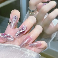 網紅同款穿戴甲長款可拆卸高級感爆閃粉鑽假指甲貼片美甲成品甲片