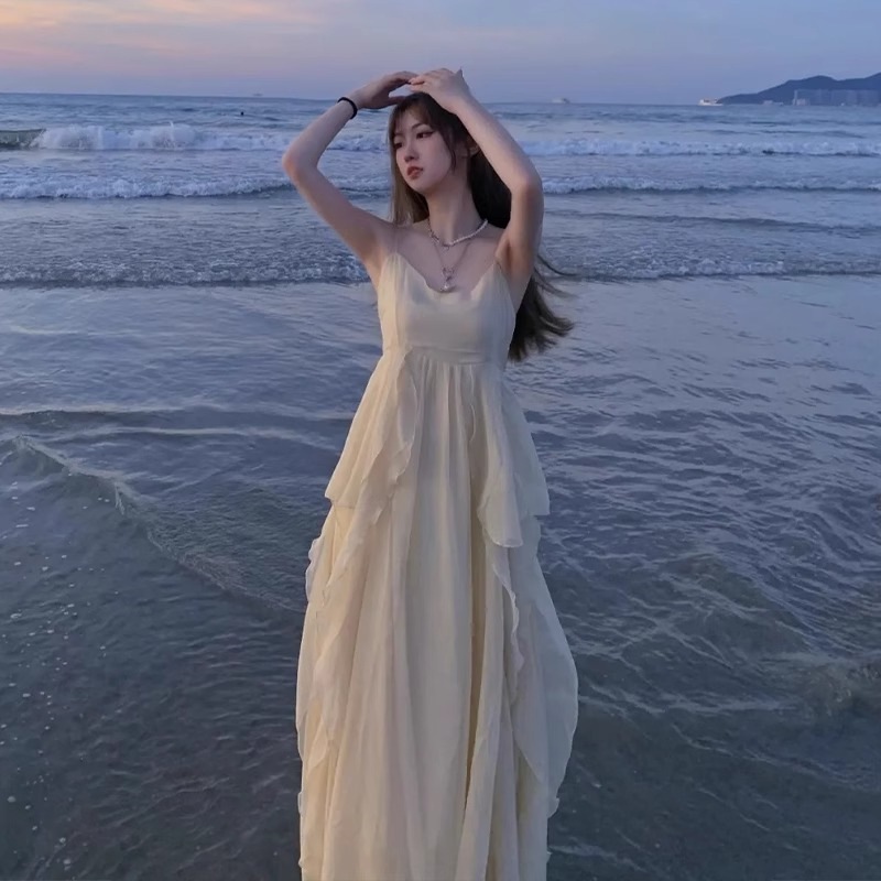 요정 스커트 서스펜더 드레스 해변 휴가 스커트 여성 2025 여름 해변 민소매 서스펜더 스커트 롱 스커트 여성 의류