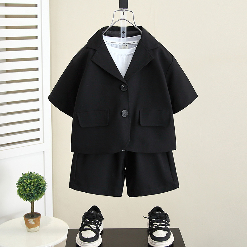 5461 Traje de manga corta para niños Traje de verano coreano 2025 Nuevo estilo Traje para niños Traje Vestido Bebé de tres piezas