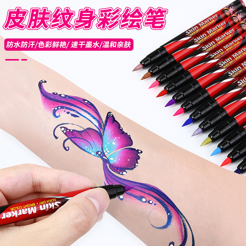 Cross-border tattoo paint markers in metallic fluorescent colors, washable skin paint pens for temporary makeup on hands and face