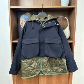重工解构式尼龙拼接羊毛毛呢外套大衣
