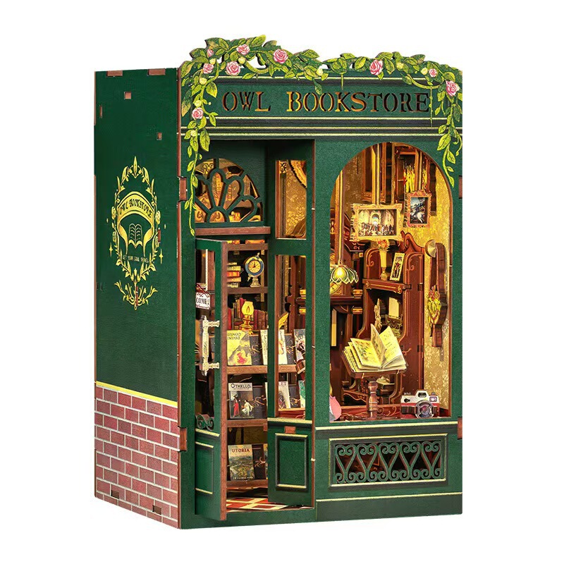 CuteBee 猫書斎書店過去の木製フクロウ組み立てブックスタンドミニチュアシーンキャビン DIY 木製ビルディングブロック|undefined