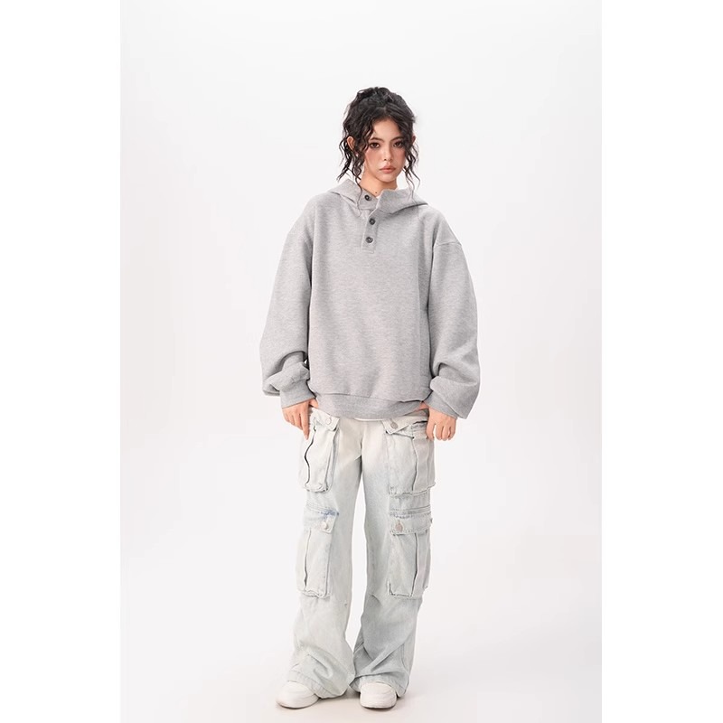 Felpa con cappuccio unisex in stile Hong Kong – Stile streetwear oversize con bottoni (M-3XL, 2 colori)_voghion.com