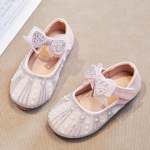 Girls' Sparkling Rhinestone Performance Shoes 2024 Spring New Children's Mesh Bow Rhinestone Single Shoes Princess Shoes