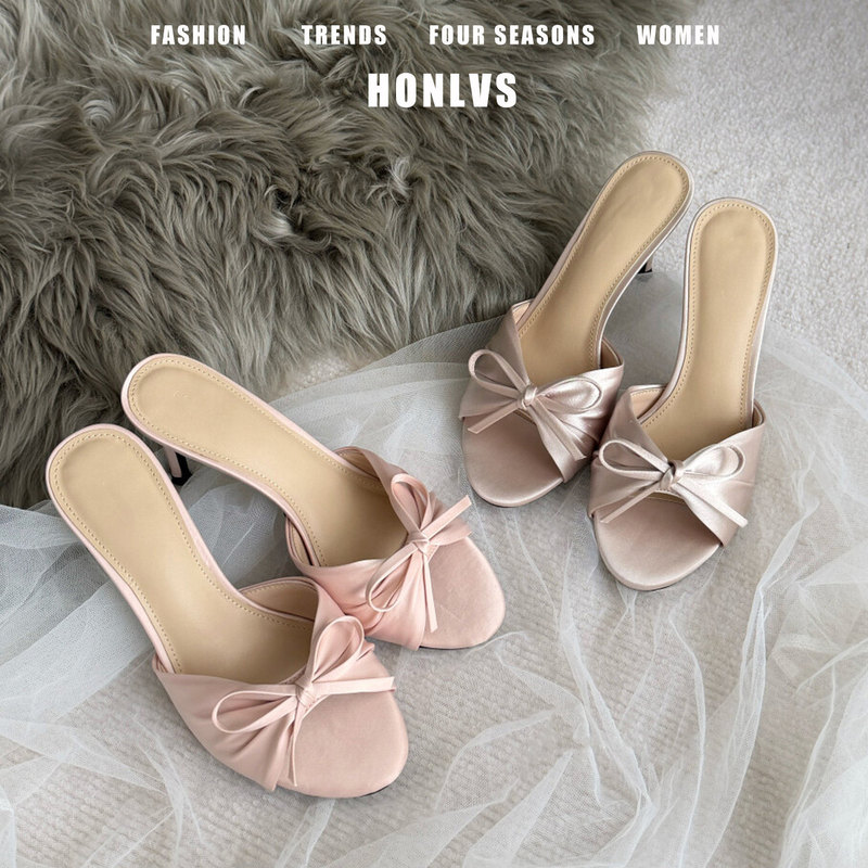 Bowknot Slip-On Stiletto French Satin Sandals for Women, Summer 2026 New Style, Very Stylish High-Heeled Sandals for Outdoor Wear
