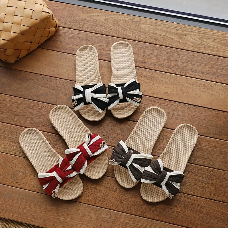 Трансграничные 24, новые льняные тапочки с бантом в корейском стиле для женщин летом, универсальные нескользящие бесшумные впитывающие пот тапочки можно носить на улице