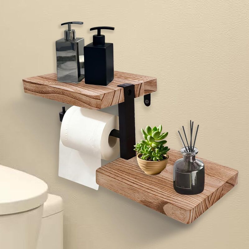 Wall-Mounted Roll Paper Holder Wooden Toilet Paper Rack Farmhouse Bathroom Accessories Wall-Mounted Tissue Holder Storage Rack