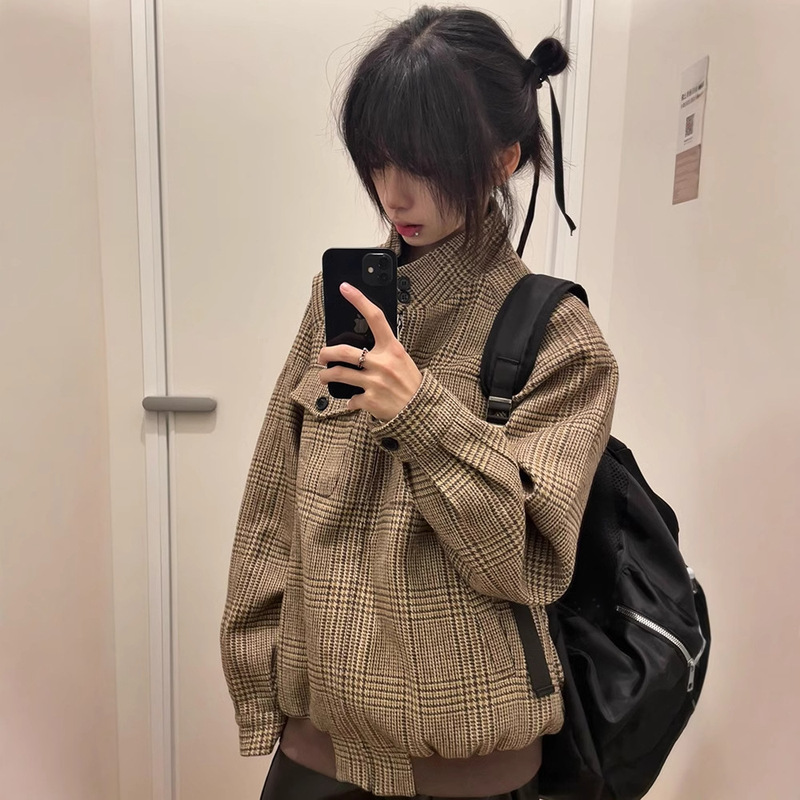 Oclin Houndstooth Harrington Woolen Jacket Men's Autumn and Winter High-end Short Collar cleanfit Jacket