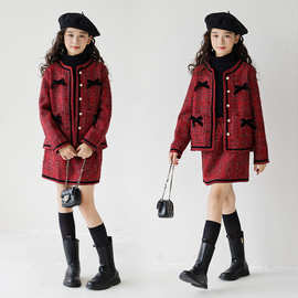 2025新款中大童洋气时髦小香风长袖套装短裙拜年服两件套