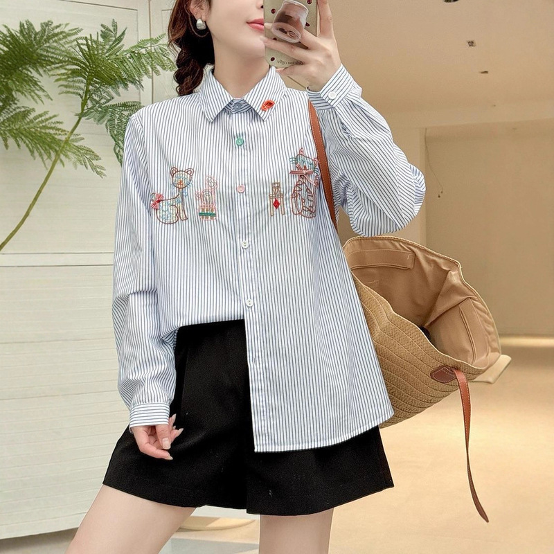 J499 Age-Reducing Cute Cat Embroidered Stripesd Long-Sleeved Shirt for Women 2025 Autumn New Slim Cardigan Top J499 Age-Reducing Cute Cat Embroidered Stripesd Long-Sleeved Shirt for Women 2025 Autumn New Slim Cardigan Top