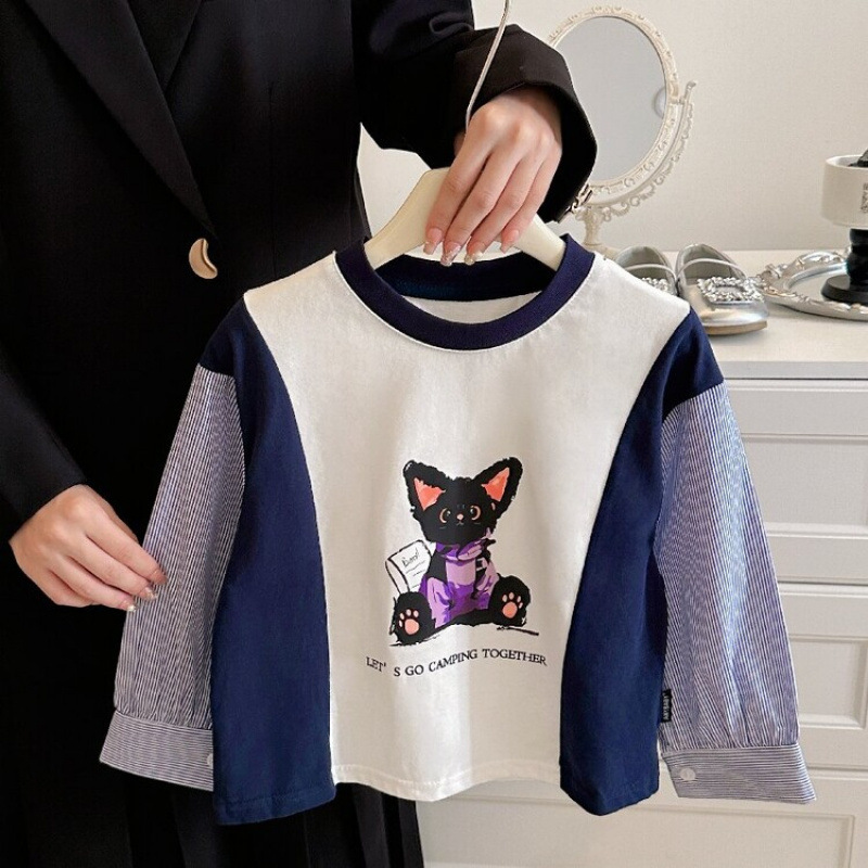 소녀 니트 셔츠 봄과 가을 유행 라운드 넥 스티칭 셔츠 캐주얼 스웨터 가을 의류 큰 어린이 및 학생 순수