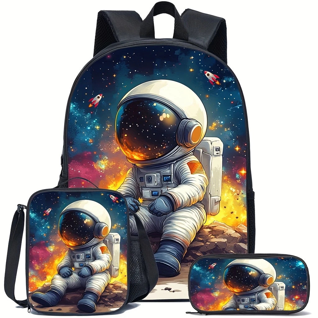 Mochila impresa de venta caliente transfronteriza, mochila escolar para estudiantes de primaria y secundaria, mochila de gran capacidad, bolso, estuche para lápices, juego de tres piezas