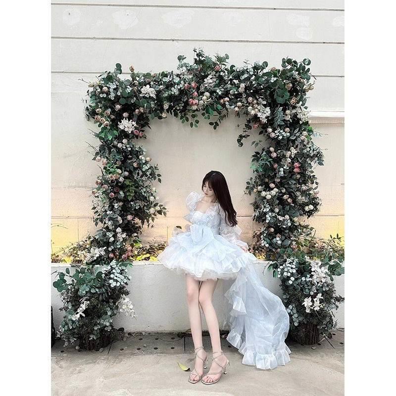 화이트 프린세스 원피스 프랑스 스타일 꽃 웨딩 원피스 블루 스트랩리스 트레일 링 원피스 원피스