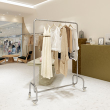 服装店展示架落地不锈钢拉丝直播间带轮子挂衣架女装店货架中岛架