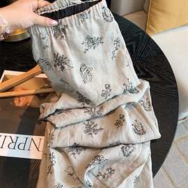 复古花朵刺绣亚麻阔腿裤女夏季新款设计感小众宽松舒适慵懒休闲裤