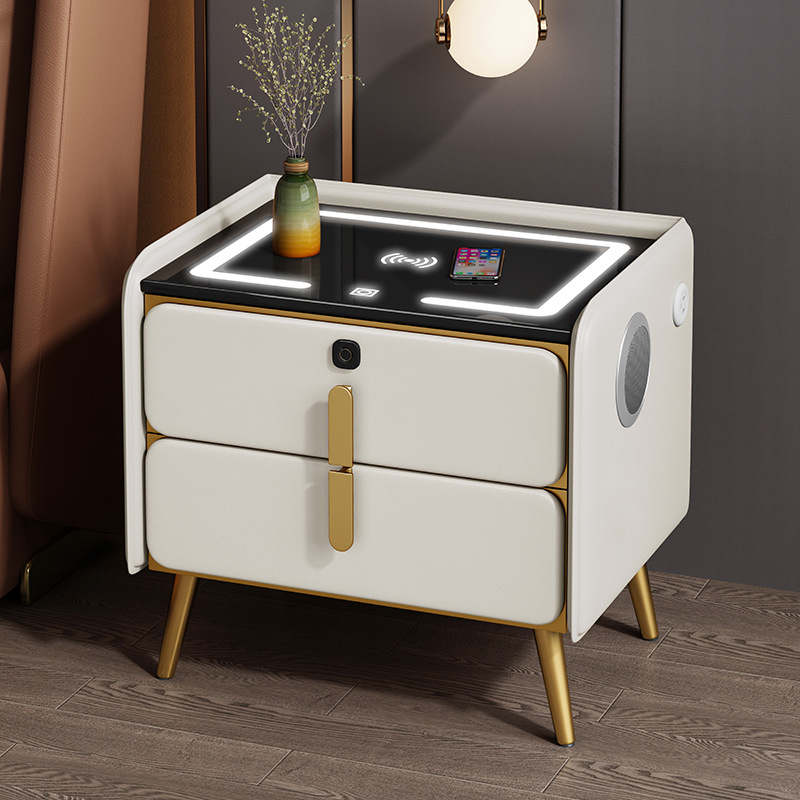Madera maciza mesita de noche Luz de lujo de alto grado dormitorio simple moderna mesita de noche hogar roca placa pequeña mesita de noche gabinete de almacenamiento
