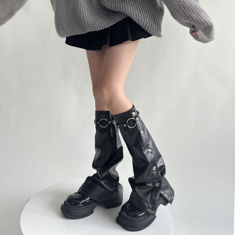 Pu Leather Leg Warmers Y2K Detachable Black Button Strap Ruched Socks Ins Trendy Autumn and Winter Boot Covers Cross-Border European and American Style