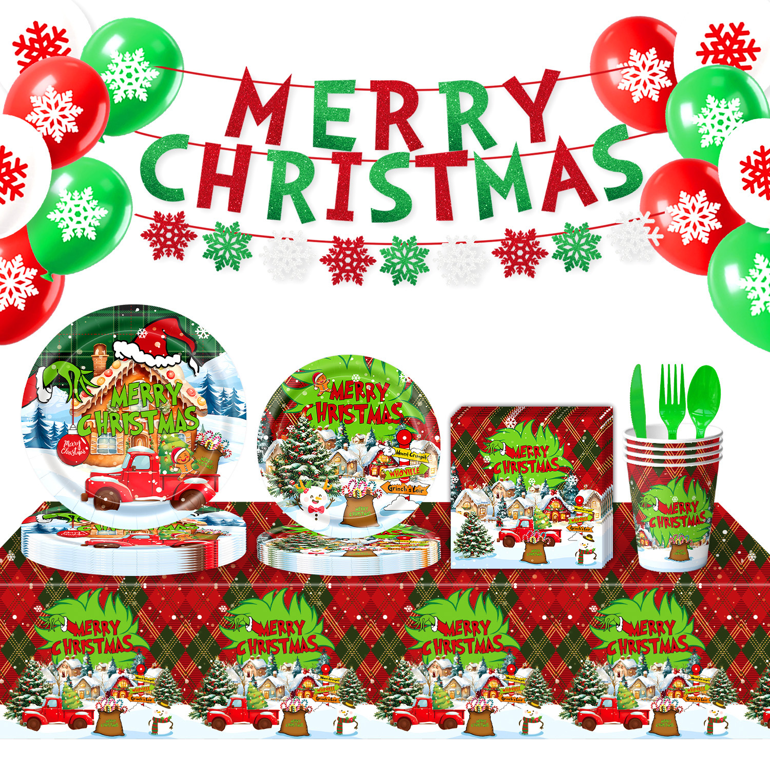 Nuevo tema transfronterizo de Navidad Grinch cubiertos de fiesta de cumpleaños bandeja de papel desechable toallas de mesa decoración banner
