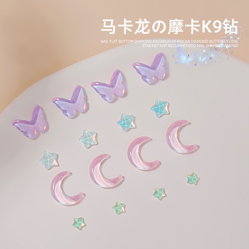 Manicura tamaño pequeño Mocha Luna Estrella Mariposa plana Internet celebridad joyería Aurora colorido estrella de cinco puntas joyería al por mayor