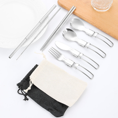 Stainless steel foldable tableware, outdoor portable steel wire knife and fork, round spoon, salad spoon, detachable chopsticks, telescopic straw