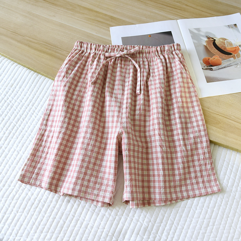 워시드 코튼 핑크 체크 무늬 여성용 반바지 003
