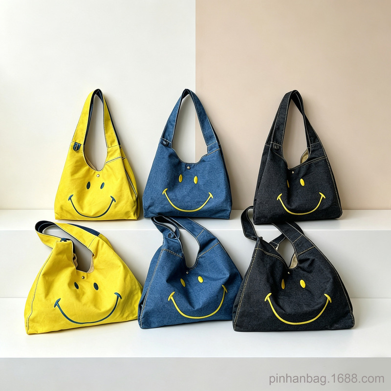 2026 Smiley Face Canvas Tote Bag with Single Strap, Large Capacity Parent-Child Handheld Shopping Bag, Smiley Face Bag