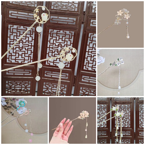 High-end antique Hanfu hair accessories, updo hairpins, retro all-match alloy tassel ball hairpins, hairpins