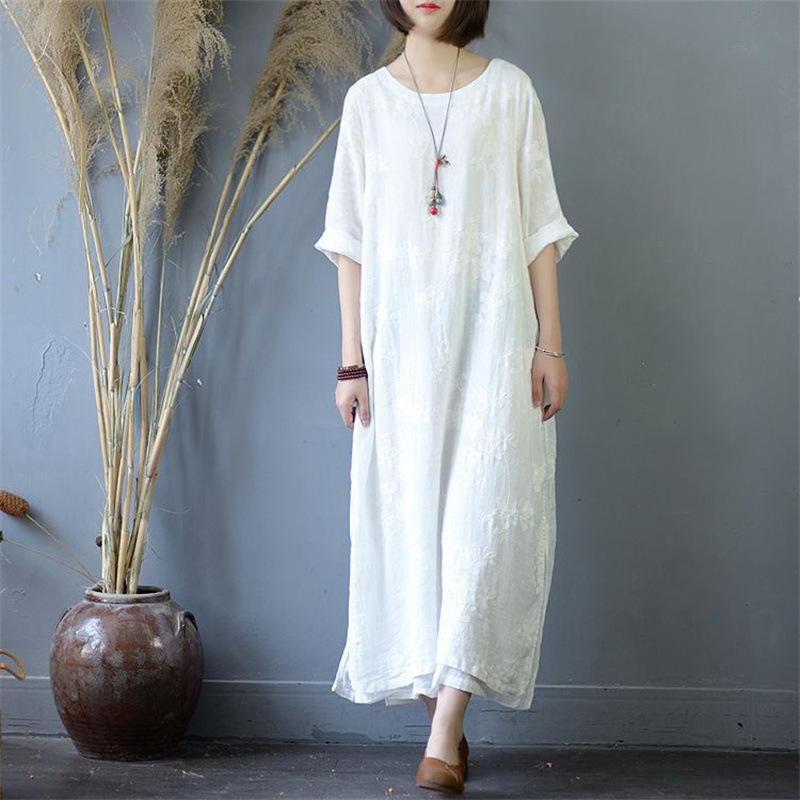 2026 Summer New Chinese Style Loose Slimming Long Double-Layer Embroidered Cotton-Linen Qipao Mid-Sleeve Embroidered Dress for Women 2026 Summer New Chinese Style Loose Slimming Long Double-Layer Embroidered Cotton-Linen Qipao Mid-Sleeve Embroidered Dress for Women
