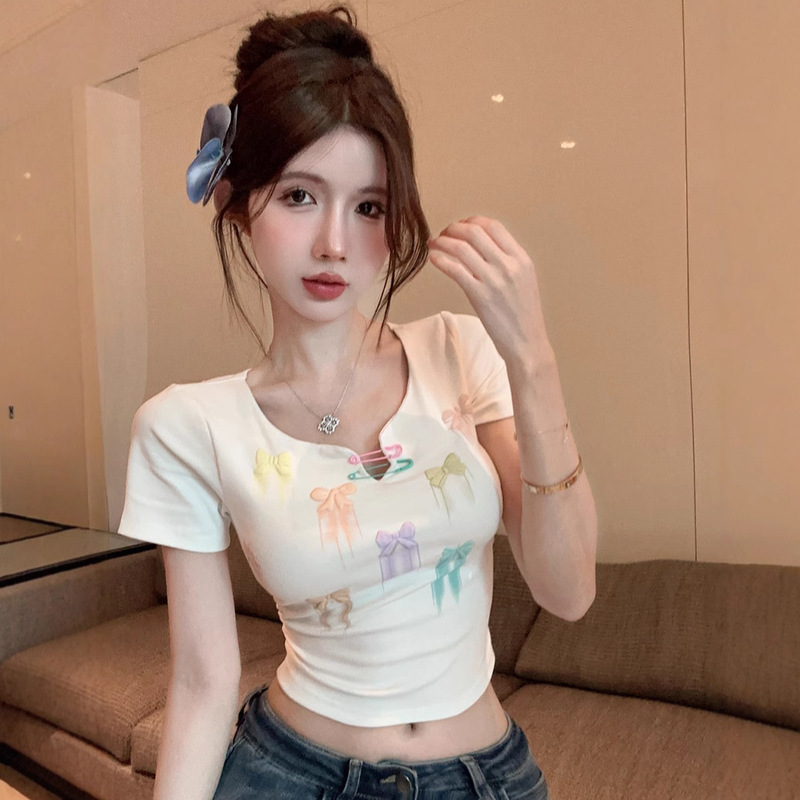 Dopamine Bow Shoulder Short-sleeved T-shirt Women's Summer Pure Desire Sweet Spice Girl Short Calabash Small Top Short-sleeved Dopamine Bow Shoulder Short-sleeved T-shirt Women's Summer Pure Desire Sweet Spice Girl Short Calabash Small Top Short-sleeved