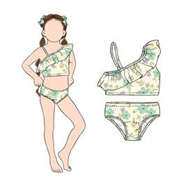 欧美精品店婴幼儿童装外贸批发绿色小花印花女孩夏季泳衣套装