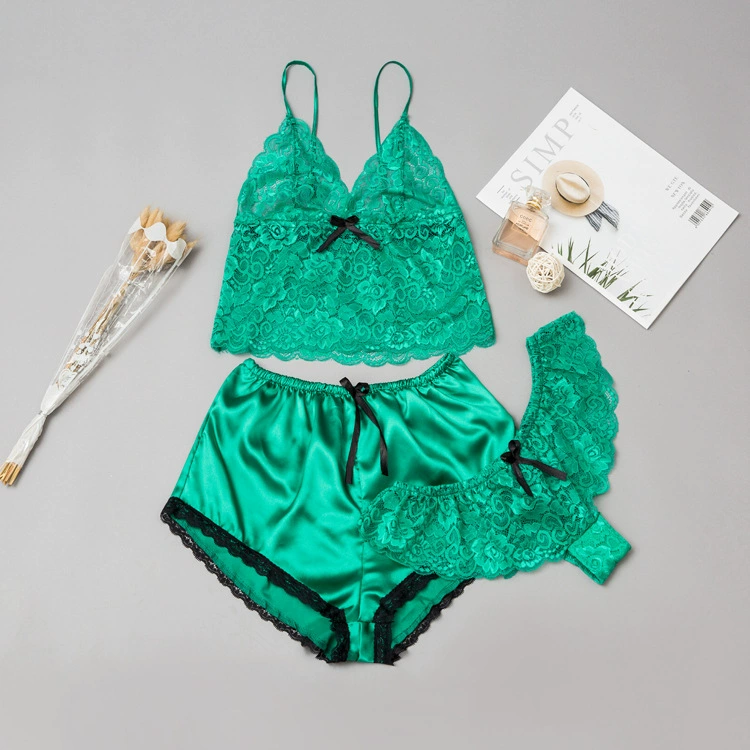 Шелковый сексуальный комплект, пижама, кружевные брюки, комплект из 3 предметов