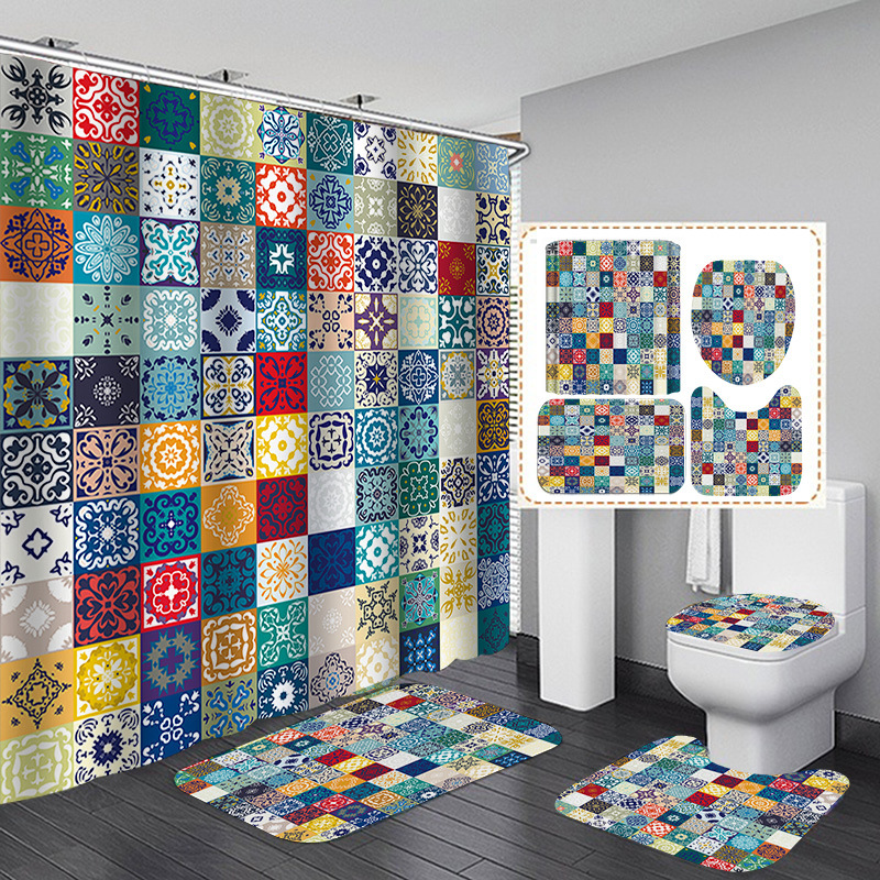 Venta caliente de Amazon Cortina de ducha de baño bohemia Tela de cortina de baño impermeable Juego de cuatro piezas Gran cantidad y excelente precio