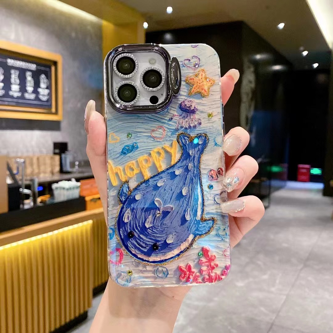 Summer Blu-ray Whale IPhone15promax Soporte de protección ocular Lente en polvo brillante Funda para teléfono móvil Apple 15 para 14
