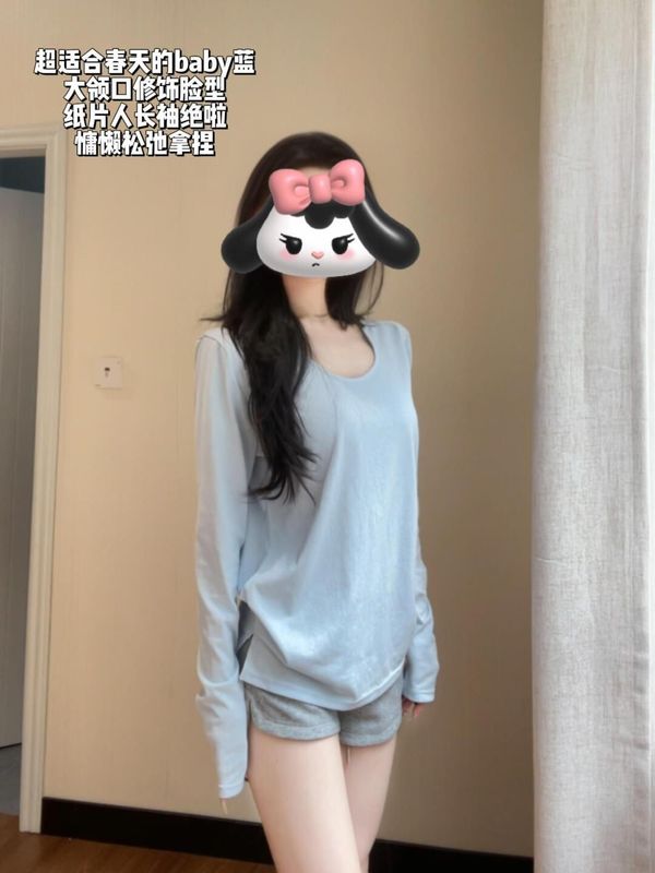 女性のためのブルー長袖ブラウストップス 2025 年初春の新しい夏の薄いデザインニッチ韓国シックな T シャツ|undefined