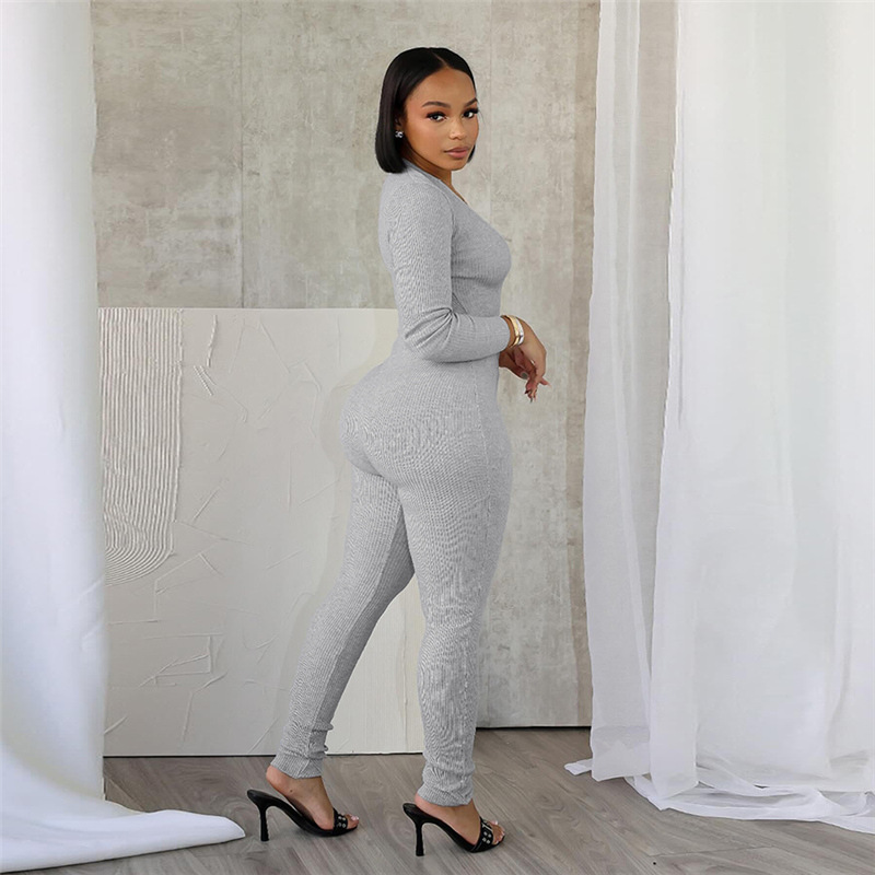 Mono deportivo sexy de otoño e invierno con escote en V profundo, ajustado, de manga larga y color liso para mujer