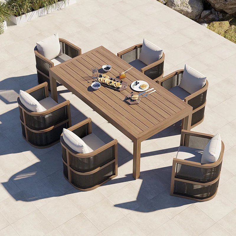 Mesas y sillas de exterior tejidas con cuerda, balcón moderno para ocio, muebles de patio de alta gama, conjunto de aleación de aluminio resistente al agua y al sol.