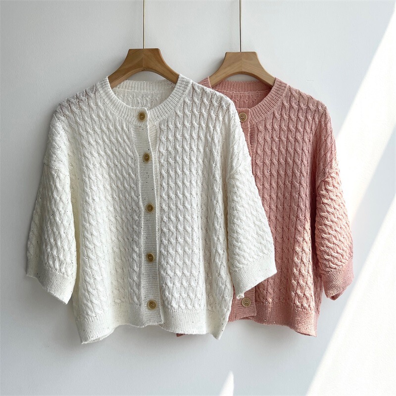 Single-Breasted Knitted Short-Sleeve Cardigan Bc's New Slim-Fit Round-Neck Three-Dimensional Cable Knit Hollow-Out Solid Color Linen Top Short Single-Breasted Knitted Short-Sleeve Cardigan Bc's New Slim-Fit Round-Neck Three-Dimensional Cable Knit Hollow-Out Solid Color Linen Top Short