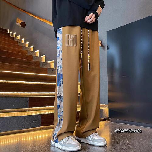 Relaxed casual pants for men, trendy and versatile pants, autumn falling sensation, padded, floor-length, apricot color.